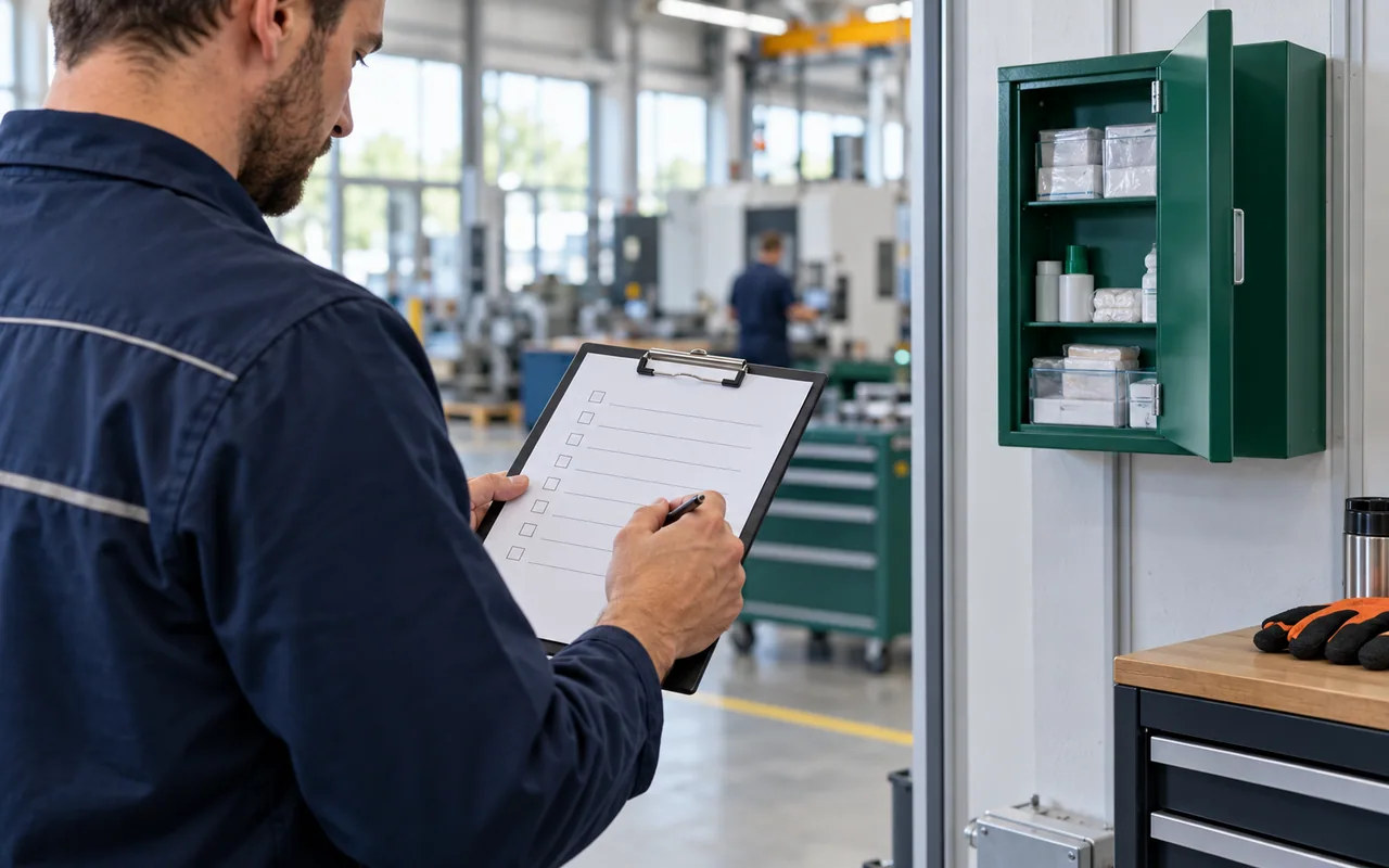 Arbeitsplatz mit Verbandbuch und Erste-Hilfe-Ausstattung