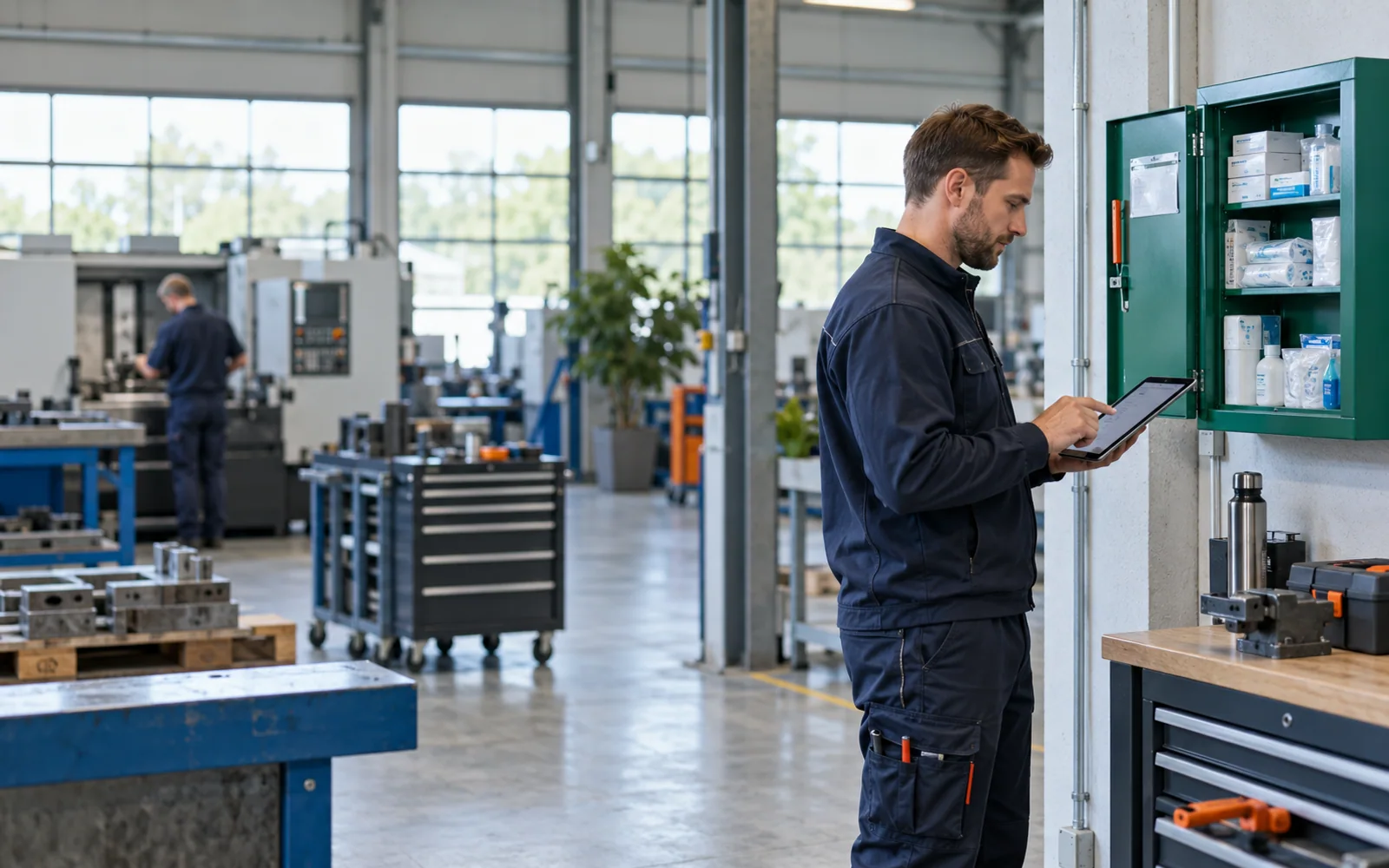 Heller betrieblicher Arbeitsplatz mit Erste-Hilfe-Ausstattung und digitaler Dokumentation